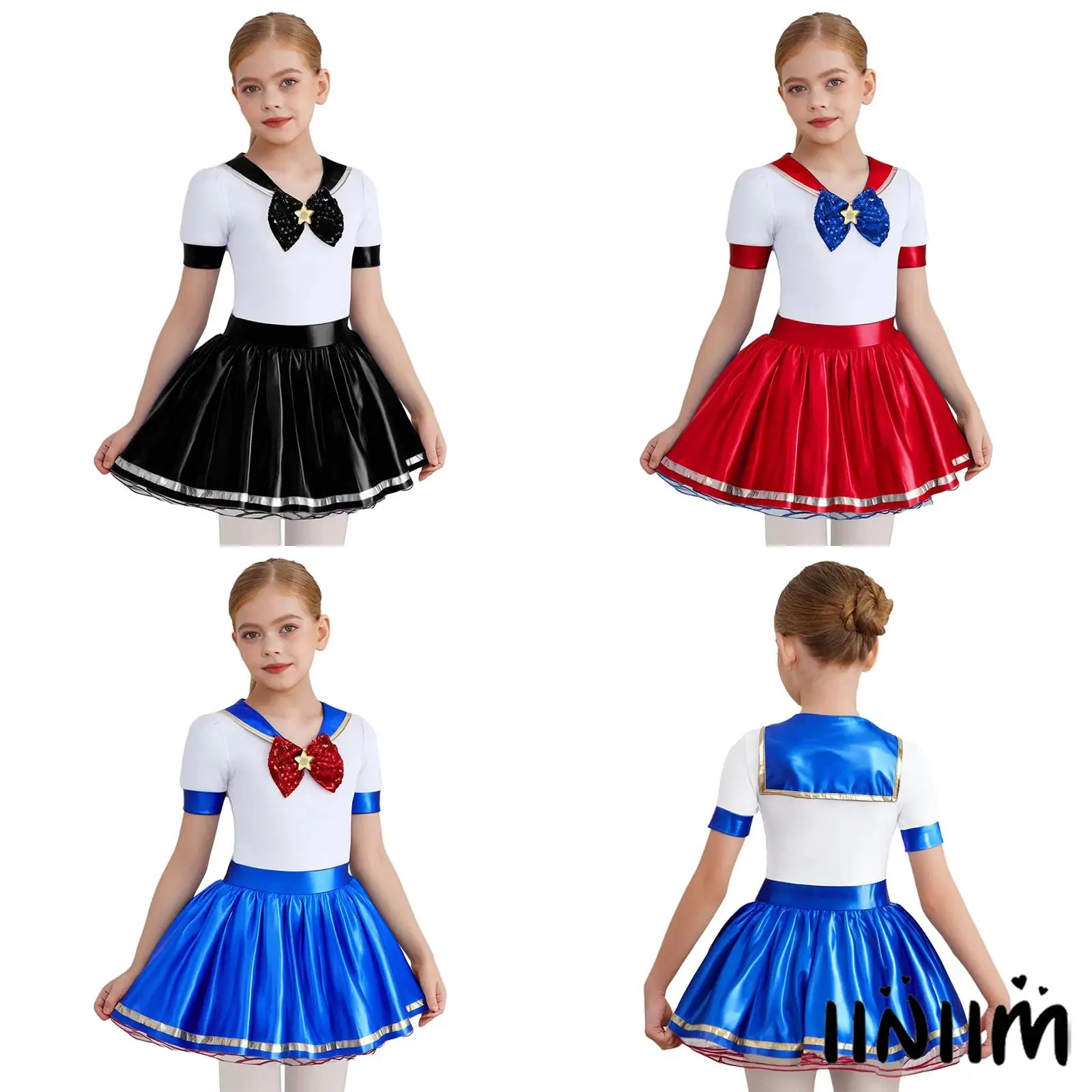 

Kids Girl Sailor Cosplay Costume Short Sleeve Detachable Bow Tie Ruffled Puffy Dress with Built-In Briefs for Halloween Roleplay