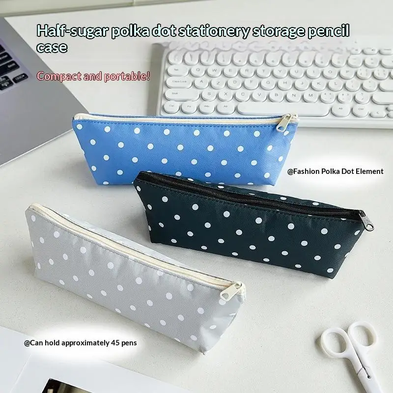 Large Capacity Zipper Pencil Case Polka Dot Design Portable Stationery Pouch for Student Daily Organizing Use Supply