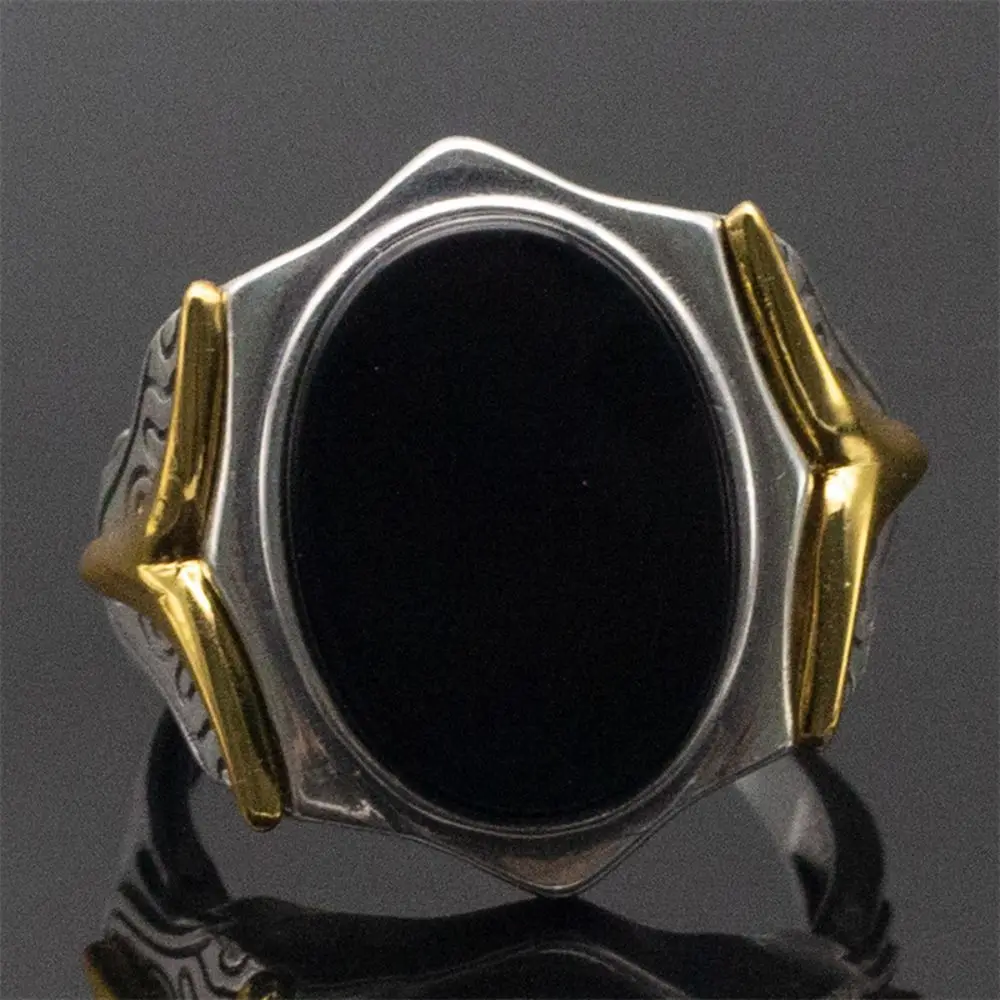 Wholesale Genuine 925 Sterling Silver Ring Natural Black Stone Handmade Vintage Turkish Unisize Adjustable Silver Mens Ring