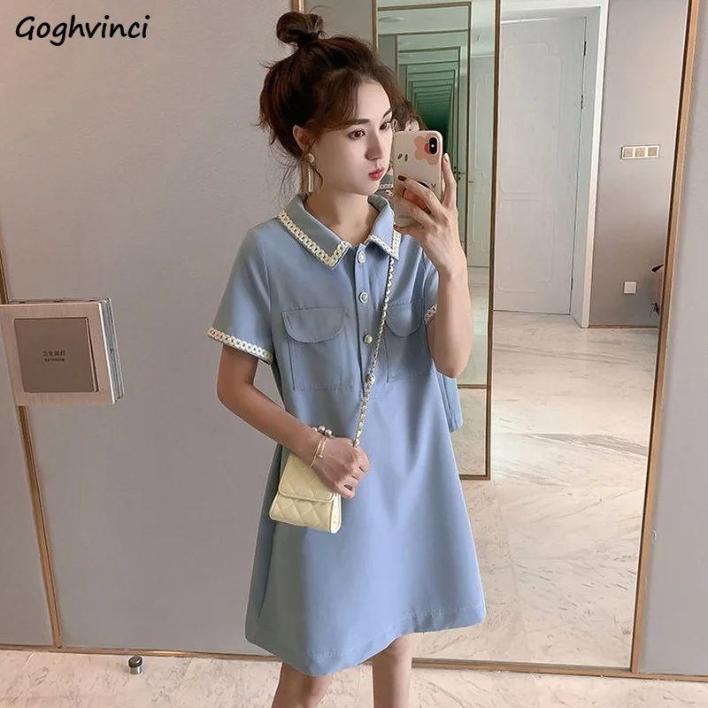 

Short Sleeve Dress Women Pearls Solid Chic Fashion Casual College All-match Basic Popular Hot Sale Students Young Summer