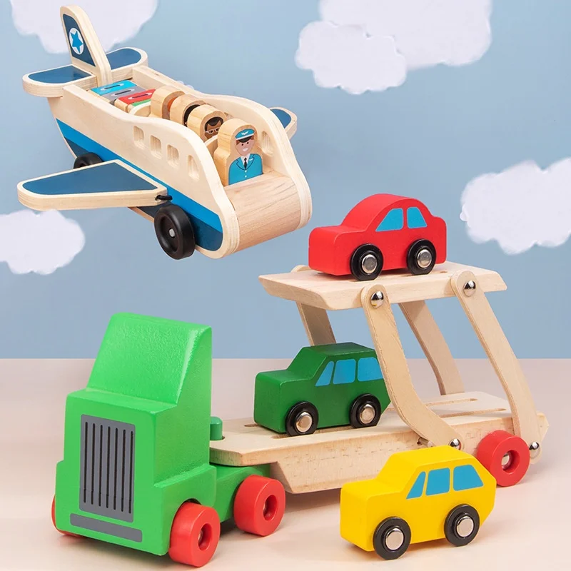 

Wooden Simulation Engineering Truck Double-decker Transport Truck Fire Truck Excavator Aircraft Nut Tools Children's Toy Car