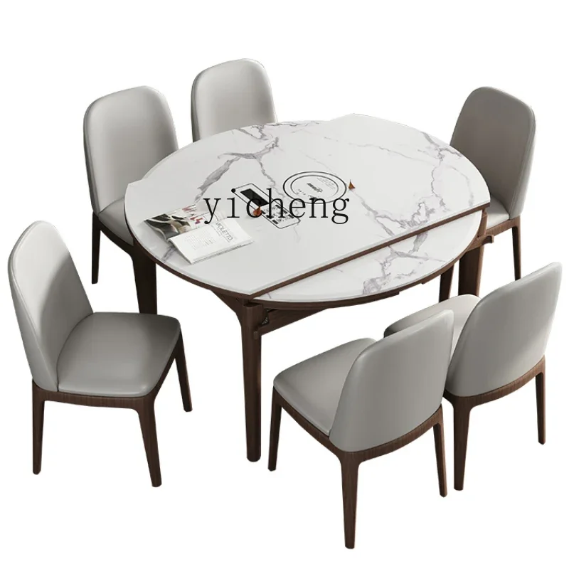 

zzZC Stone Plate Dining Tables and Chairs Set Solid Wood Induction Cooker Modern Minimalist Retractable Folding Dining Table