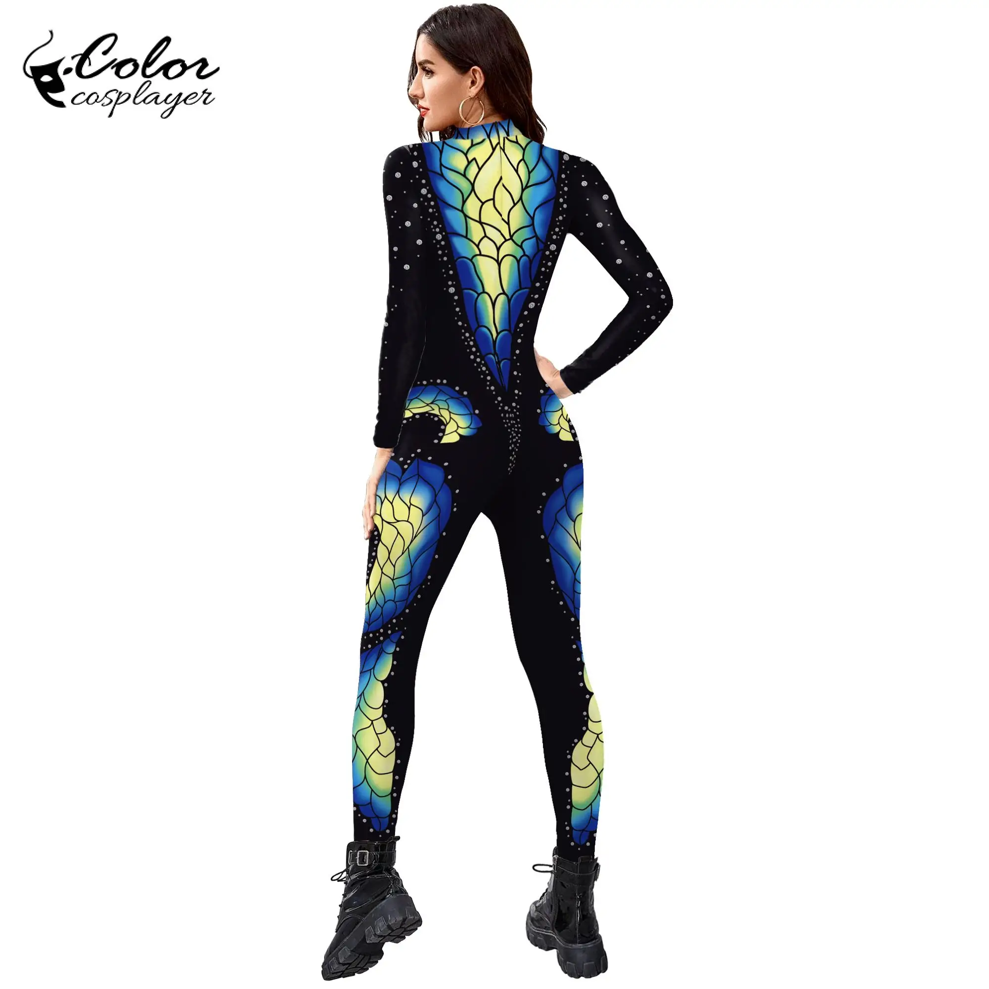 Kleur Cosplayer Vlinder Jumpsuit Halloween Cosplay Kostuum Dier Bodysuit Full Mouw Party Slim Catsuit Vrouwen Zentai Pak