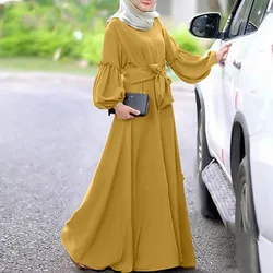 Women's Muslim Solid Color Long Sleeved Round Neck Ruffle Dresses Prayer Clothes Ramadan Abayas For Women Dubai Modest Robe