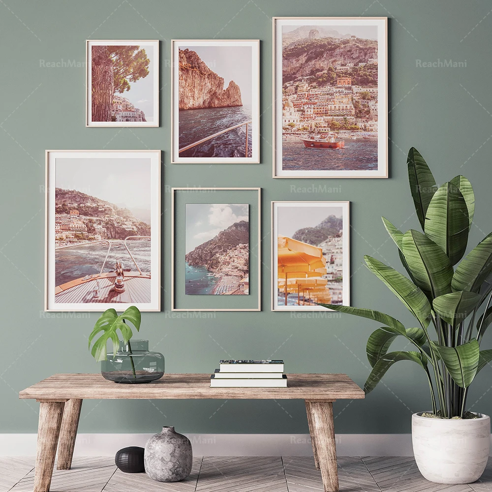 

Amalfi coast, Italian landscape art print, soft summer gallery wall decoration canvas print poster, travel poster