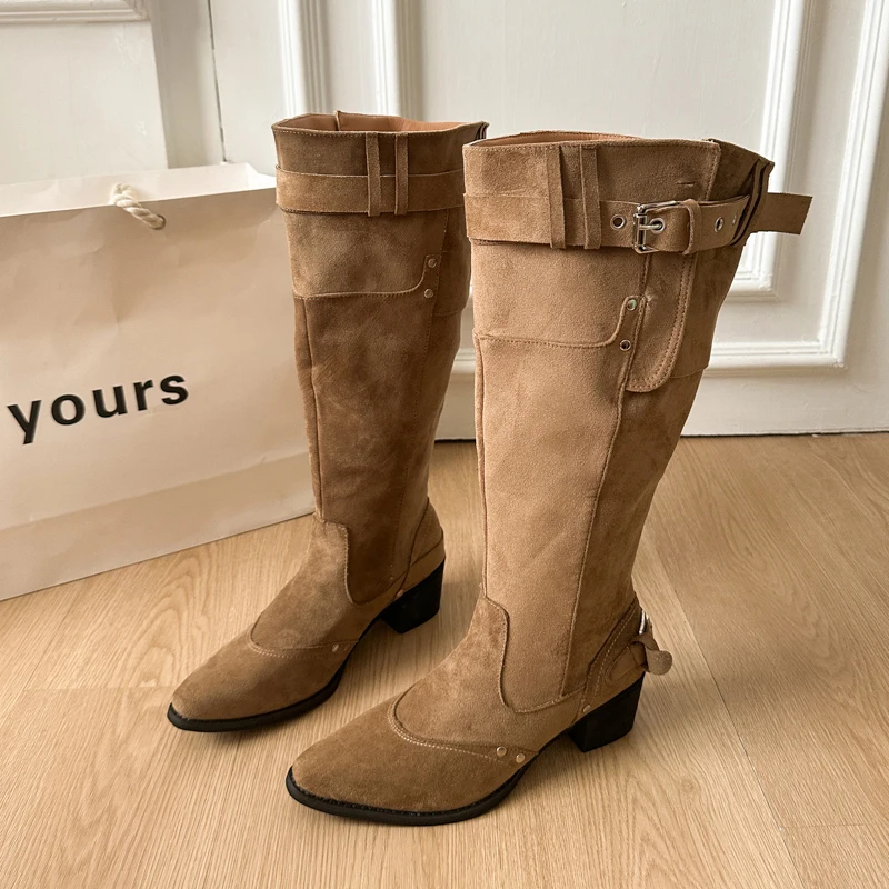 

Designer Women High Boots High Heels Pointed Toe Shoes Winter 2025 Elegant Long Boots Chunky Suede Dress Shoes Mujer Snow Botas