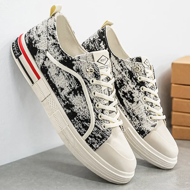 Mens Casual Canvas Shoes, Printed Low Top Lace‑up Skate Sneakers, Lightweight Breathable Wear‑Resistant Non‑Slip Daily Footwear view 2