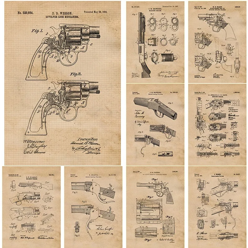 Vintage Pistols Rifles Cartridge Retro Gun Firearm Poster Mechanical History Fans Gift Canvas Painting Living Room Home Decor