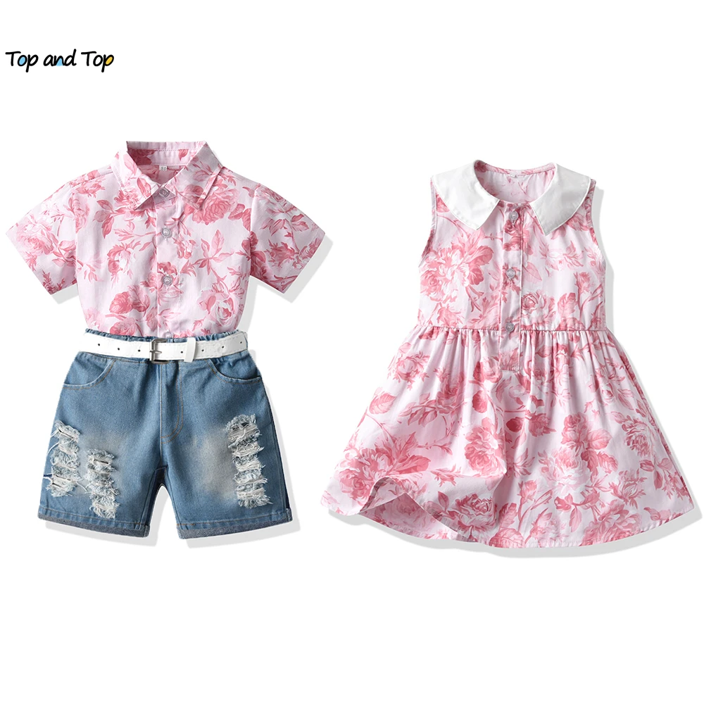 top and top Baby Brother and Toddler Sister Matching Sets Printed Style Kids Boys Gentleman Shorts Suits Girls Pricess Dress