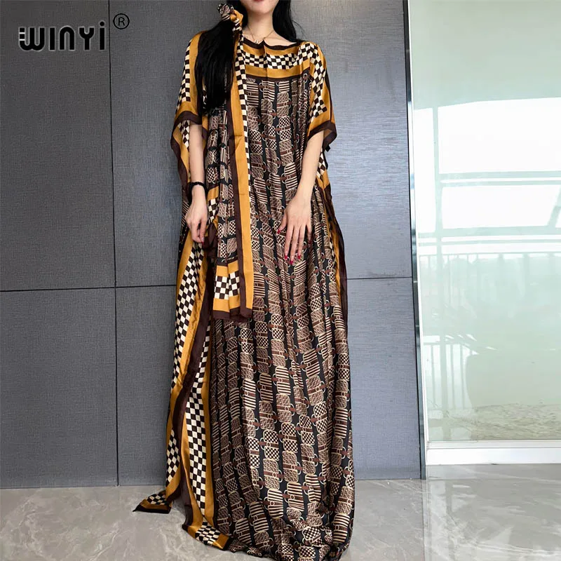 WINYI New Style Silk loose African Women Clothing Dubai Muslim Dashiki kaftan Retro print Design With Scarf Loose beach dress