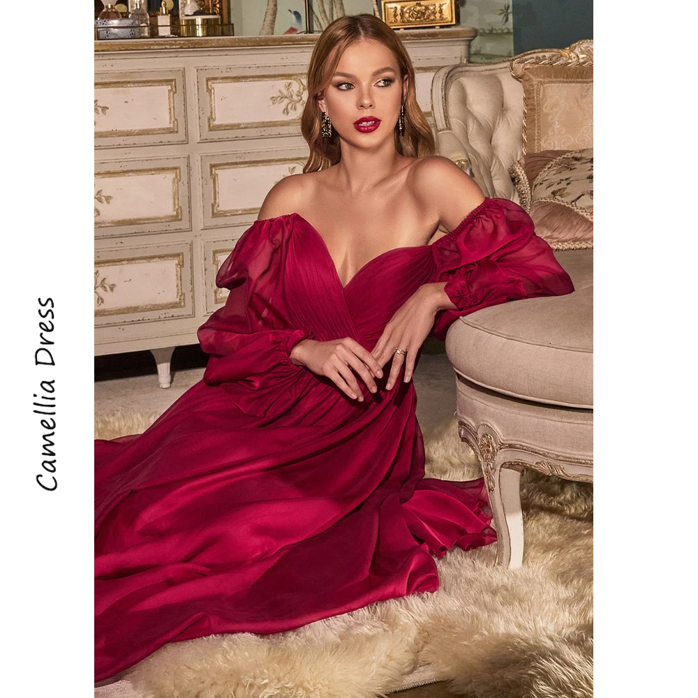 Chic Evening Dresses Long Sleeve A-Line Party Dresses V-Neck Formal Dresses Chiffon Backeless Vestidos De Fiesta فساتين السهرة