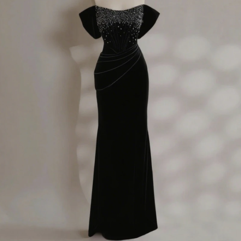 Роскошное бархатное вечернее платье с открытыми плечами, платье русалки со стразами для дня рождения и выпускного вечера, гламурная одежда для особых случаев