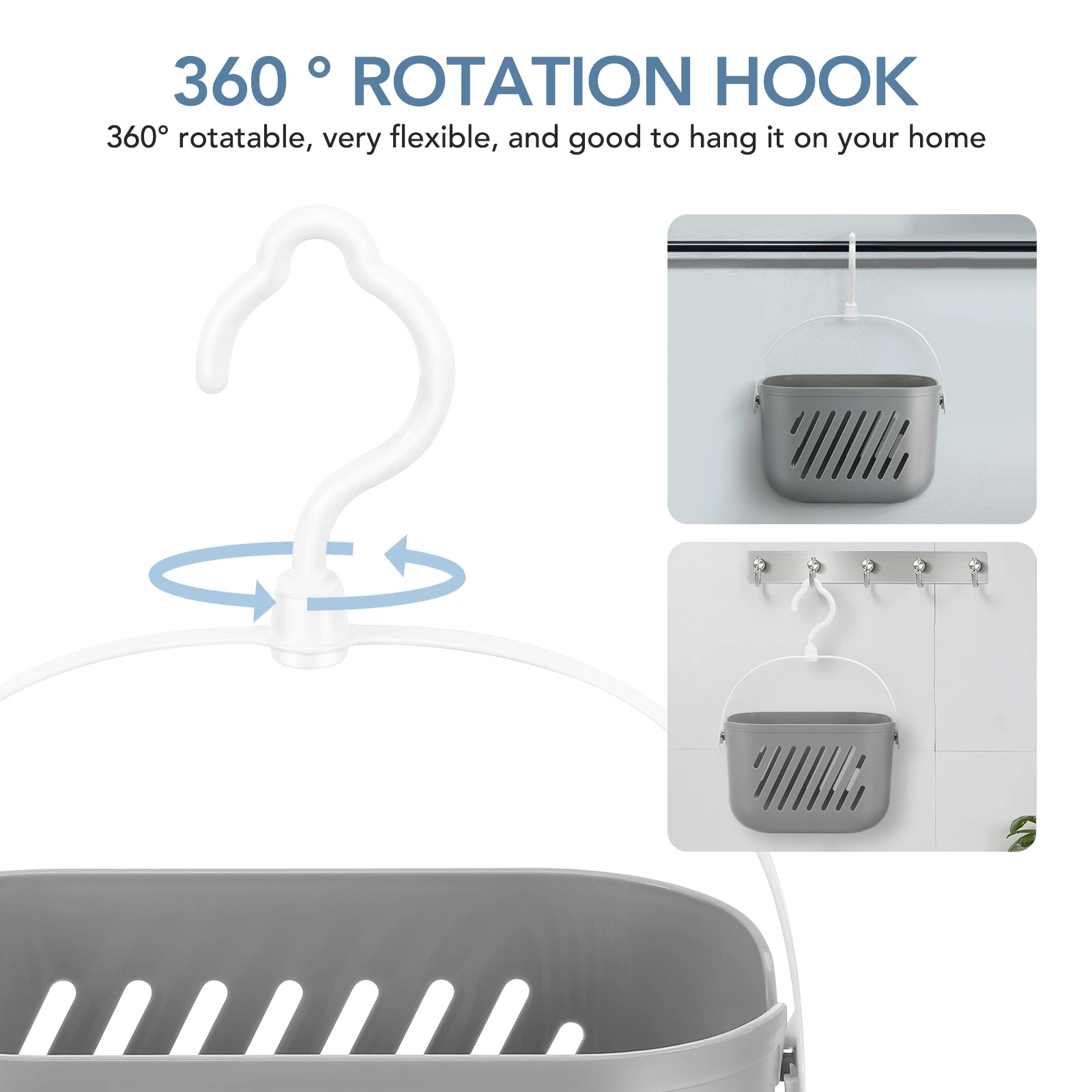 

Storage Basket with Hook Hollow Drainage System Keep Dry Rotatable Detachable Hook for Bathroom Kitchen Hanging Organizer