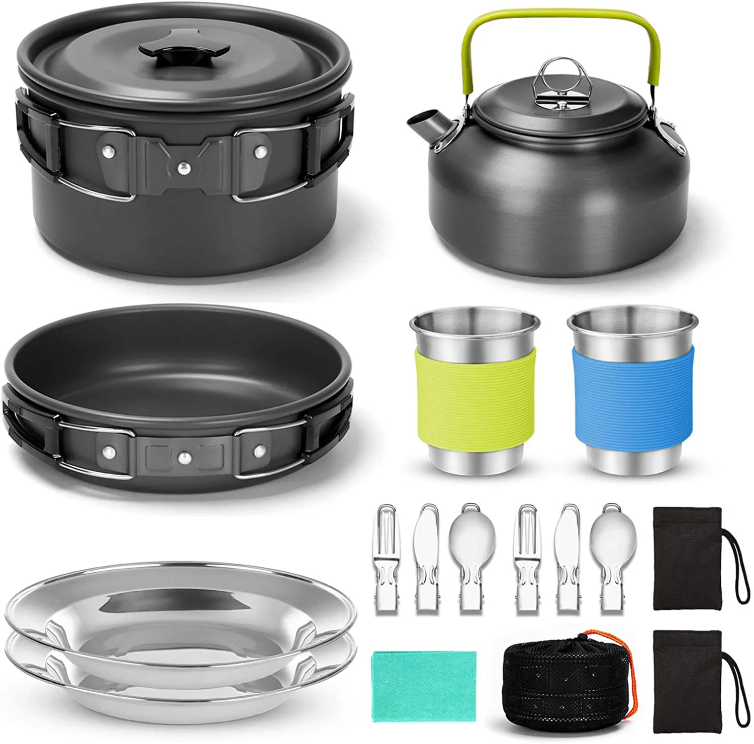 Portable Tableware Combination Cooker Set, Outdoor Camping, Picnic, Hiking, 2-3 Person Pot, Tea, Coffee, Kettle Cup, Pan, A788