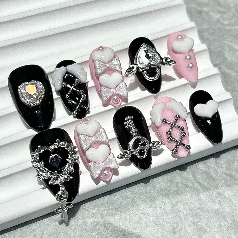 10-delige Y2k Spice Girl handgemaakte pers op nagels zwart roze zoete coole nail art boog liefde diamant amandel kunstnagels