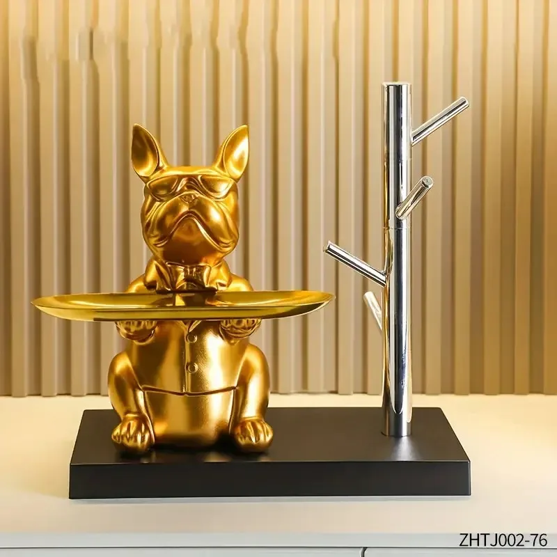 Golden Bulldog Tray Statue, Multifunction Animal Figurine with Storage Tray, Living Room Study Bedroom Desktop Decor Gift
