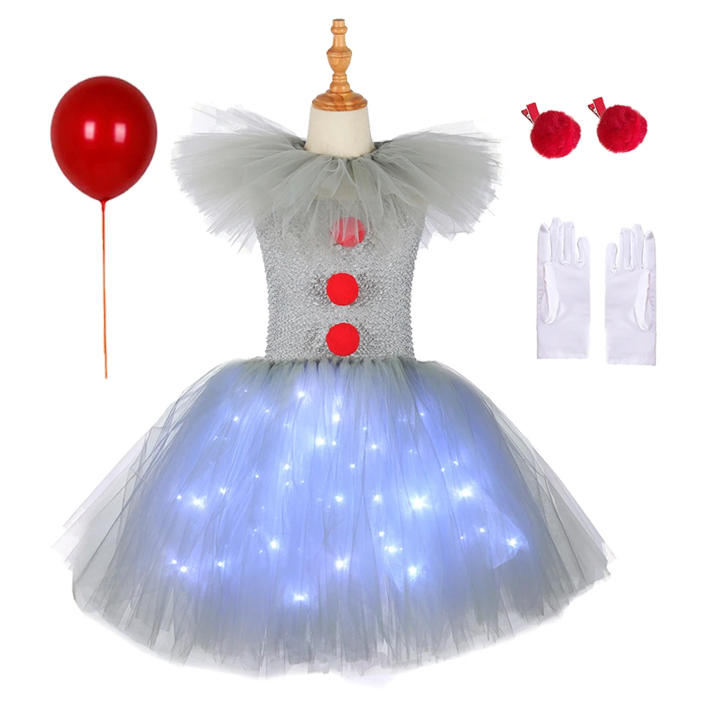 Halloween Gray Joker Girls  LED Light Up Costume Tutu Dress Creepy Clown Kids Carnival Party Cosplay Clothes Toddler Tulle Dress