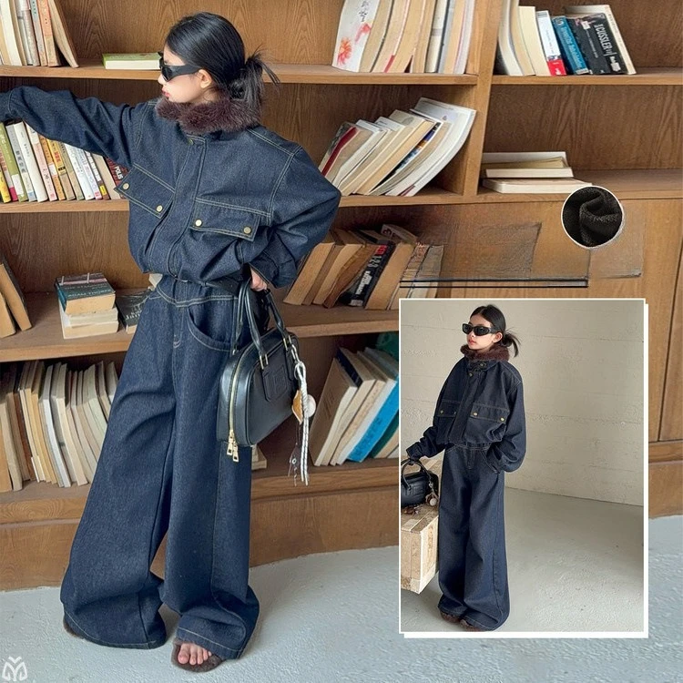 

winter teen girls ensemble jeans fille detachable fur collar thick jacket+casual straight leg jeans kid denim pants suit outfits