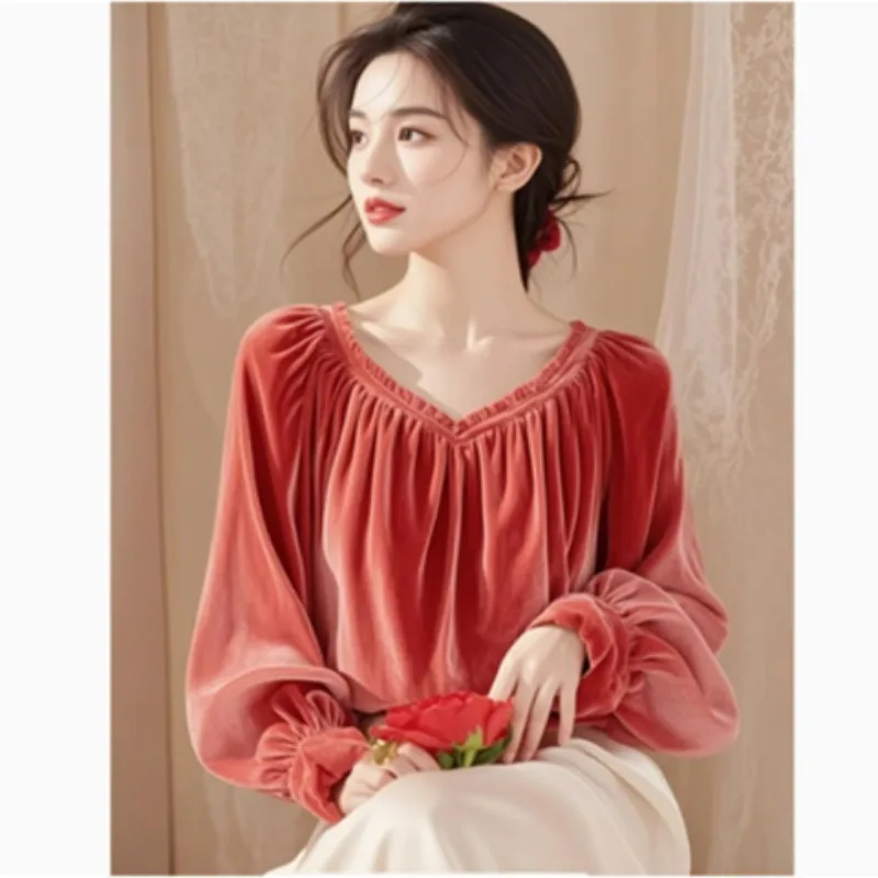 2024 Early Autumn New Temperament Unique Commuter Versatile Chic Solid Color Extravagant Noble Velvet Long-sleeved Blouse