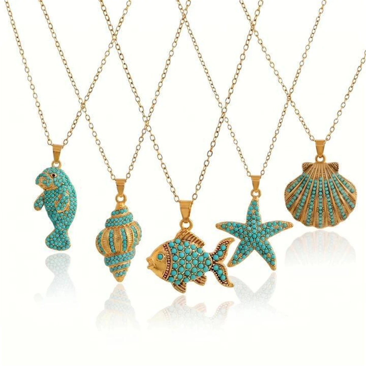 Boho Türkis Kristall Meereslebewesen Halskette Seestern Muschel Anhänger Halskette Sommer Strand Accessoires – Detail 2