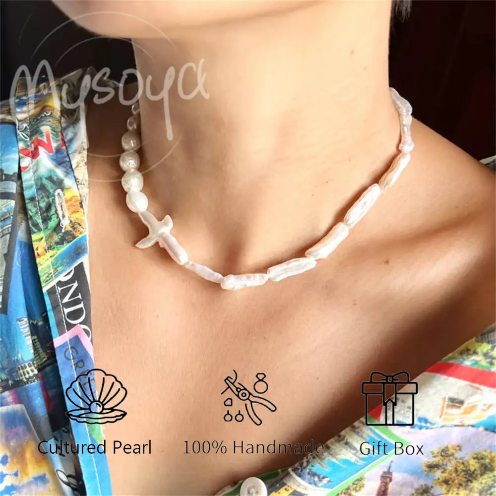 

MYSOYA White Freshwater Pearl Cross Pipa Bead Baroque Pearl Necklace 7-9mm Gift Box for Her/Him for Birthday/Wedding/Christmas