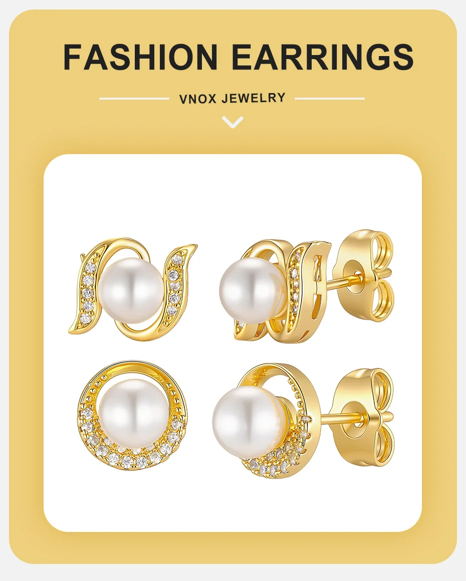 Vnox Exquisite Kupfer-Ohrringe mit geometrischen Imitationsperlen für Damen, trendige, vergoldete, glänzende Zirkon-Ohrstecker, Hochzeitsschmuck – Detail 1