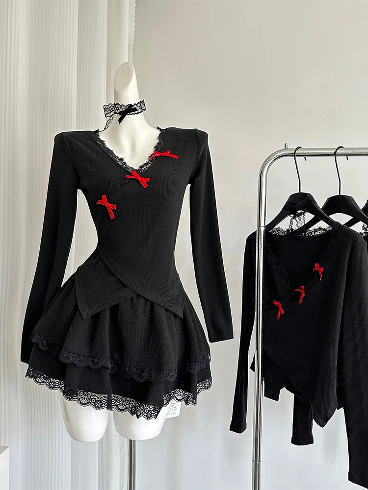 Women's Black Lace A-line Bow Luxury Dress Vintage Long Sleeve Mini Dresses Y2k Elegant One Piece Frocks Emo 2000s Clothes 2024