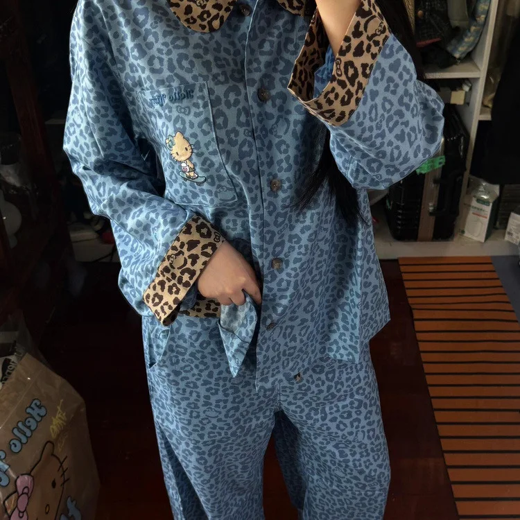 

Леопардовый пижамный комплект Hello Kitty, одежда для сна с длинными рукавами для женщин, школьная летняя домашняя одежда, ночная рубашка, повседневная одежда для дома ﻿