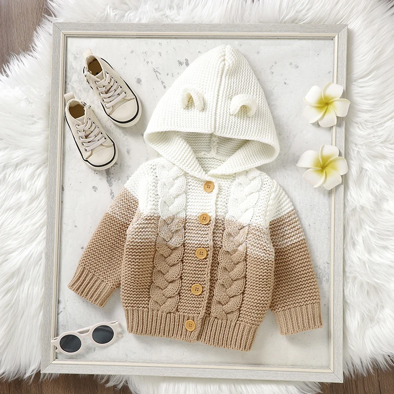 Hooded Long Sleeve Knitted Acrylic Baby Boys & Girls Autumn & Winter Coat Soft 6-36 Months Newborn Infant Toddler Cardigan