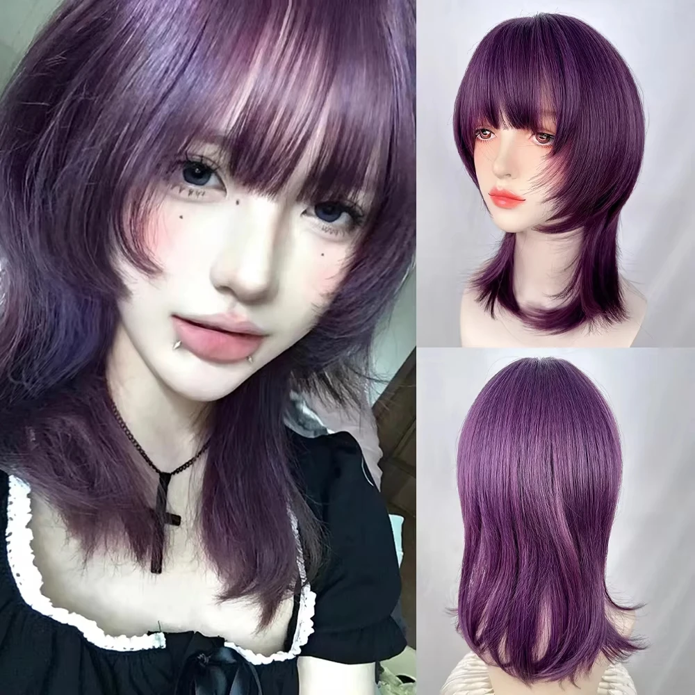 

Synthetic Mullet Head Short Straight Purple Wig with Bangs Fluffy Lolita Cosplay Heat Resistant Wig for Daily Party