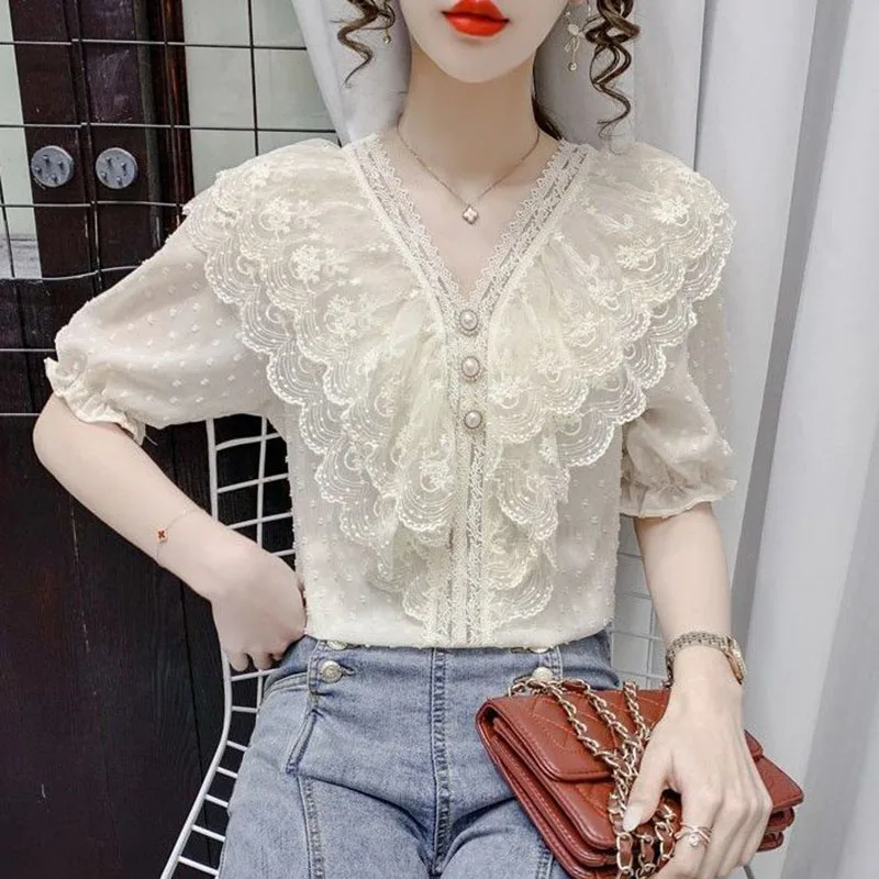 Elegant V-Neck Spliced Beading Lace Ruffles Princess Sleeve Blouse Women's Clothing 2023 Summer New Casual Pullovers Sweet Shirt