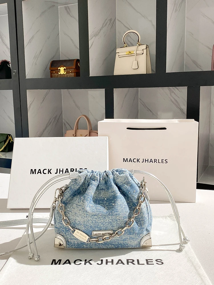 2024 Newly Trendy Denim and Luxury Handheld Bucket Bag with Chain Decoration Popular Evening Party Clutch Purse for Women