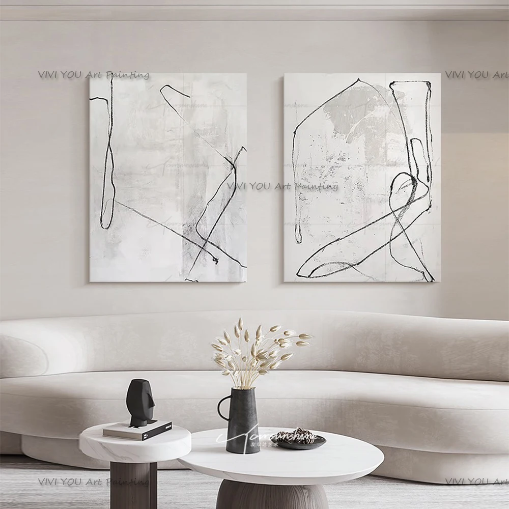 Modern Minimalist Black Line Abstract Oil Painting Hand Painted Canvas Wall Art Textured Monochrome Picture for Living Room