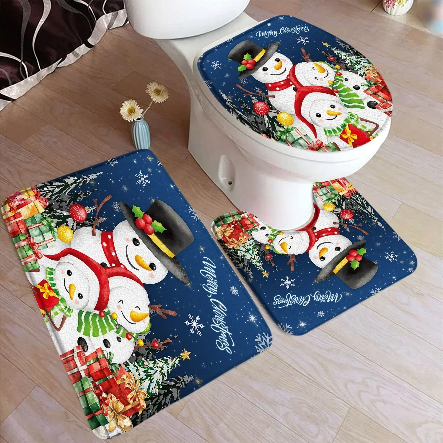 Cartoon Christmas Bath Mat Sets Funny Santa Claus Elk Xmas Balls Red New Year Carpet Bathroom Decor Door Rugs Toilet Lid Cover