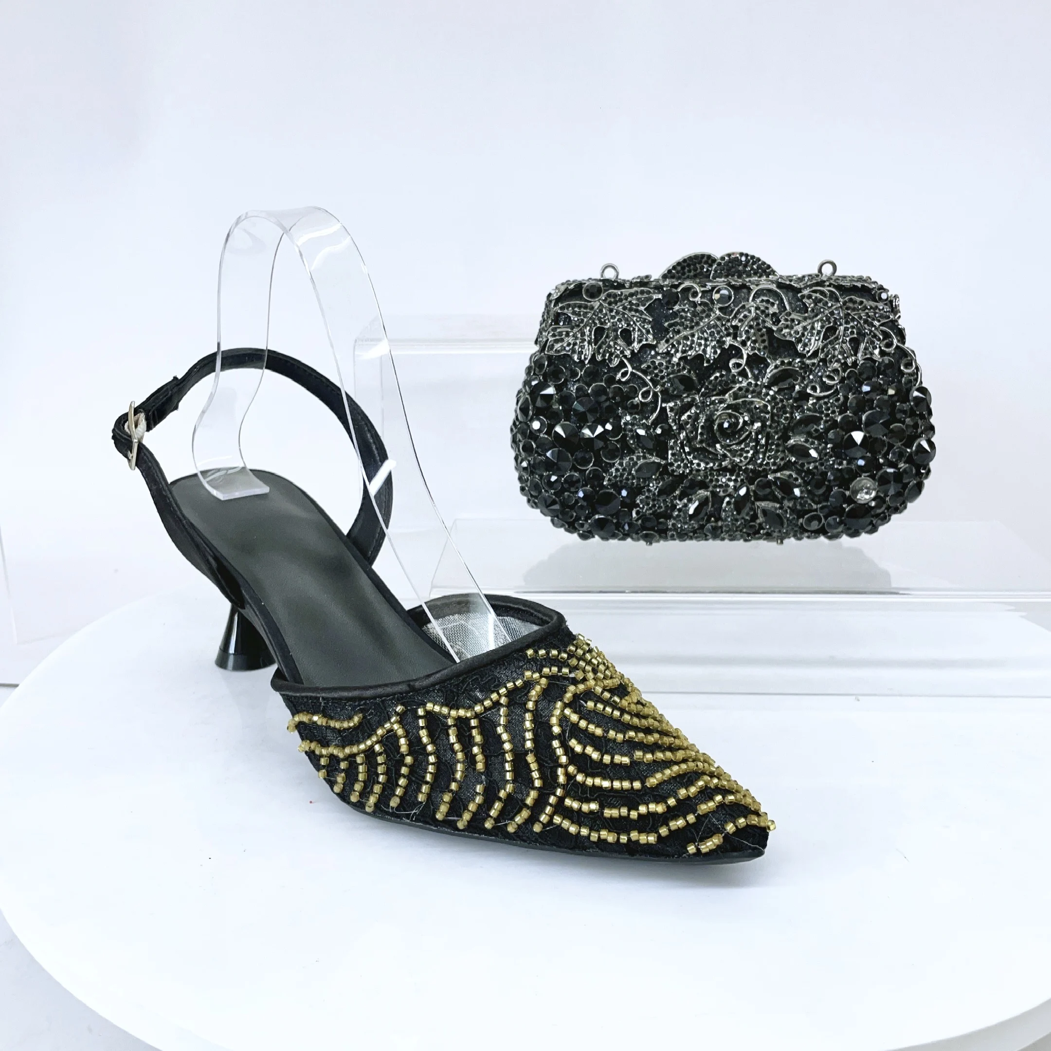 

LNATISNOVA черный цвет, драгоценные камни, босоножки и сумки на высоком каблуке для женщин, брендовые дизайнерские вечерние кошельки, туфли на шпильке с острым носком и кристаллами