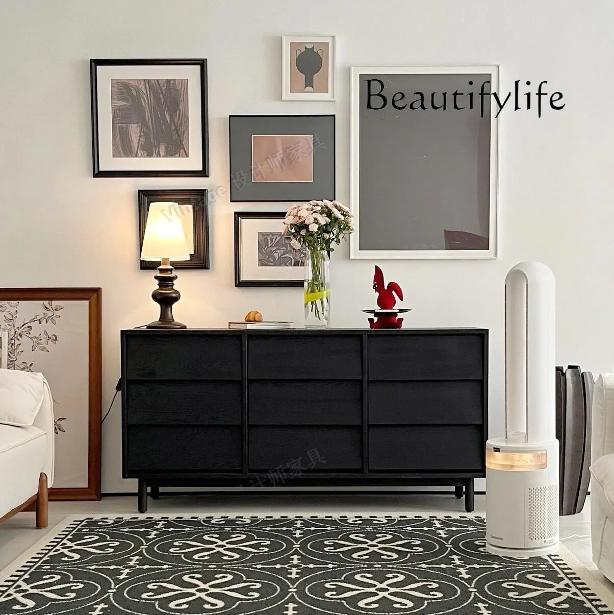 

XR Medieval Solid Wood Black Dining Side Cabinet Living Room Wall Locker Furniture Homestay High-end Villa Room