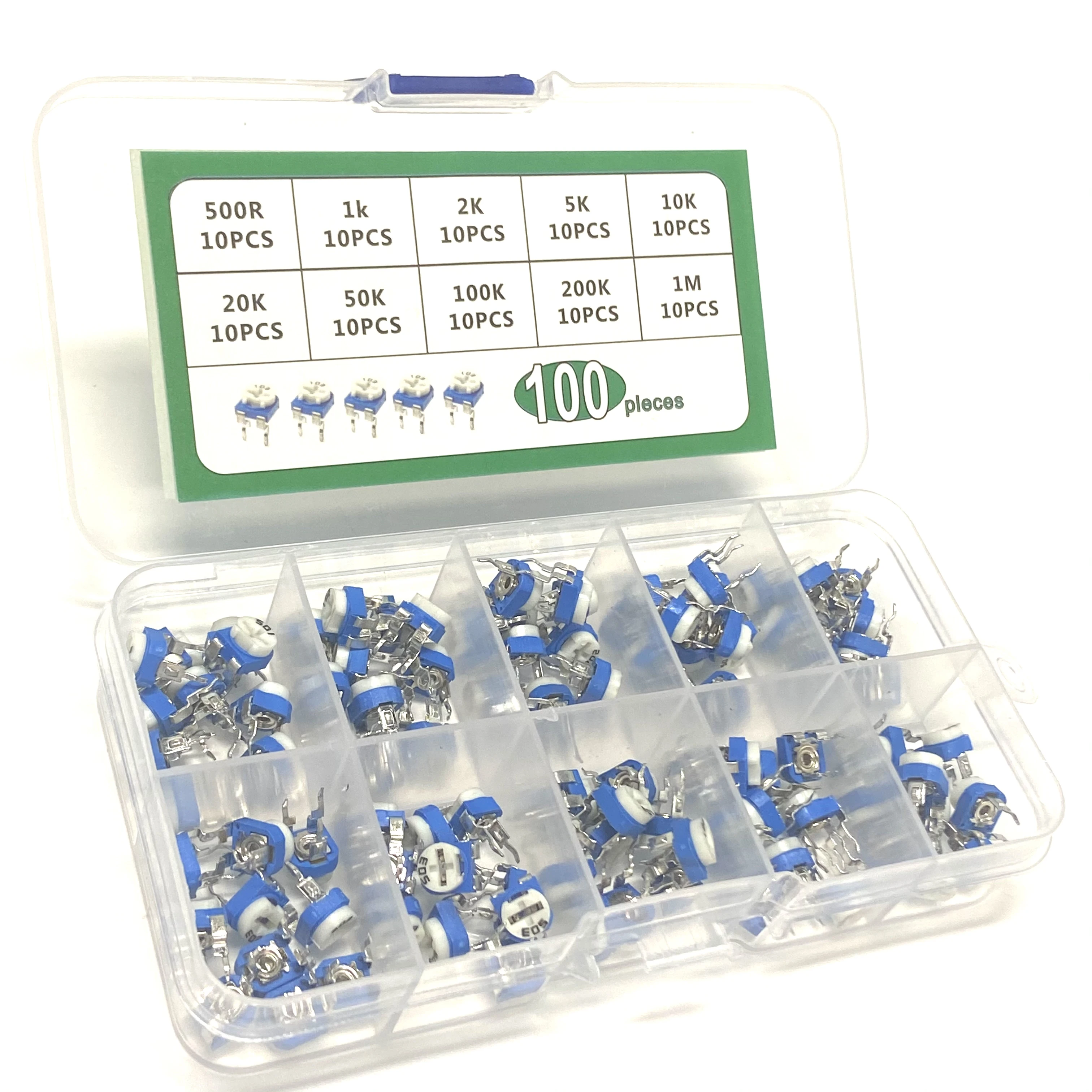 100Pcs/Box RM065 Variable Resistor Carbon Film Horizontal Trimpot Potentiometer Assortment Kit  RM065 10Values 500R - 1M