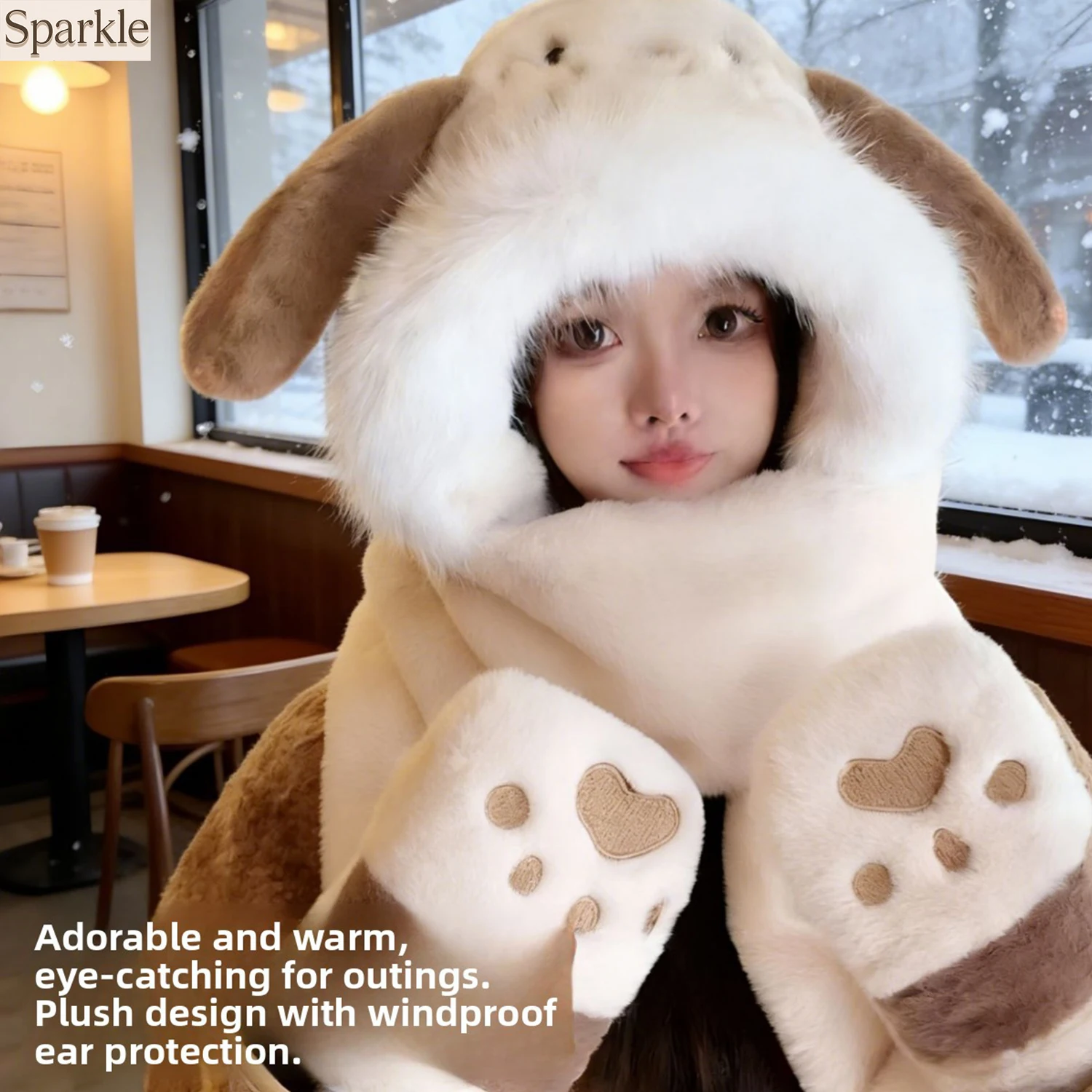 

Женский теплый ветрозащитный зимний плюшевый комплект из трех предметов: шарф с мультяшными собачьими ушками, перчатки и интегрированная шапка-лефенг в милом свежем стиле