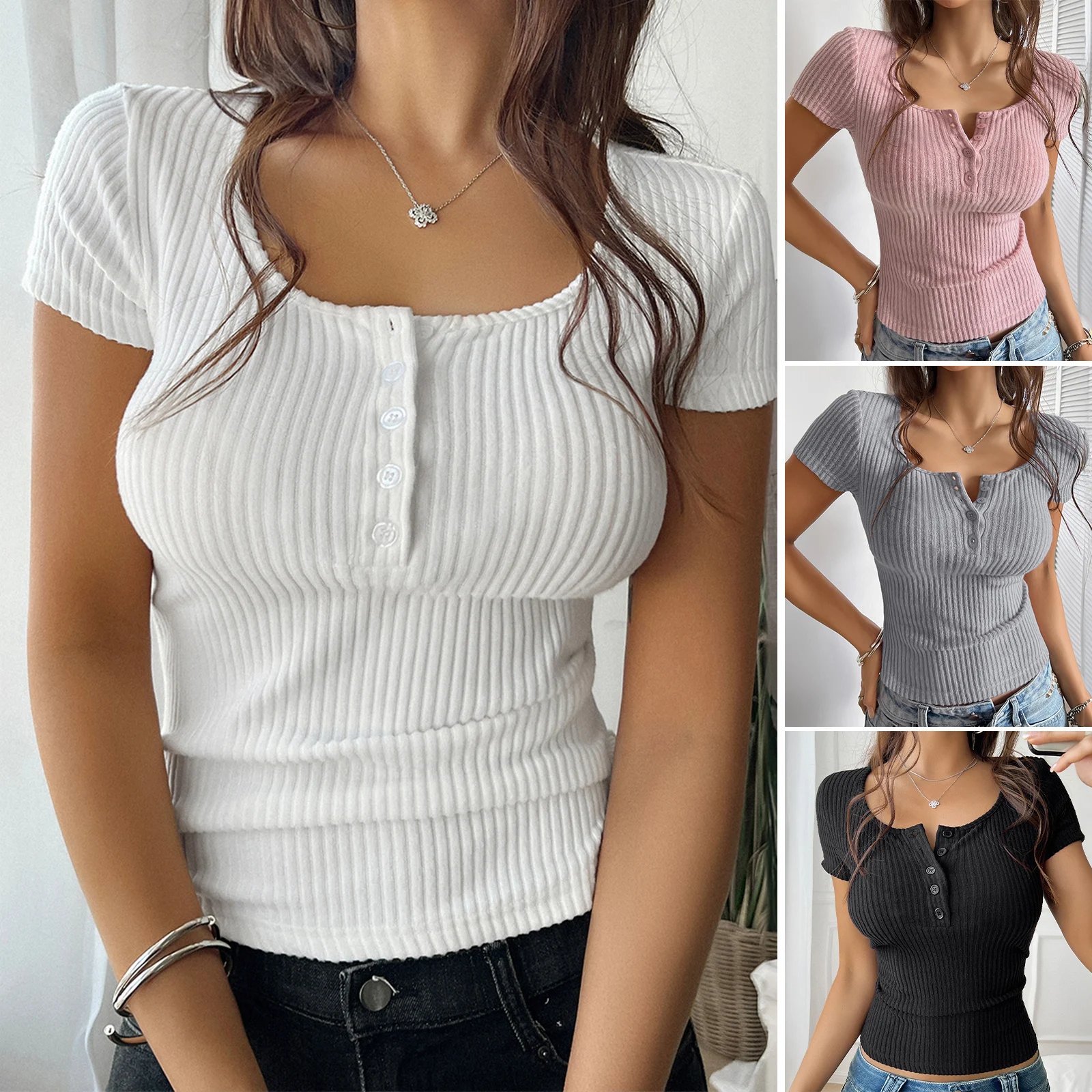 

Women's Summer T-Shirt Slim Fit Casual Stylish Solid Ribbed Button Short Sleeve Tops