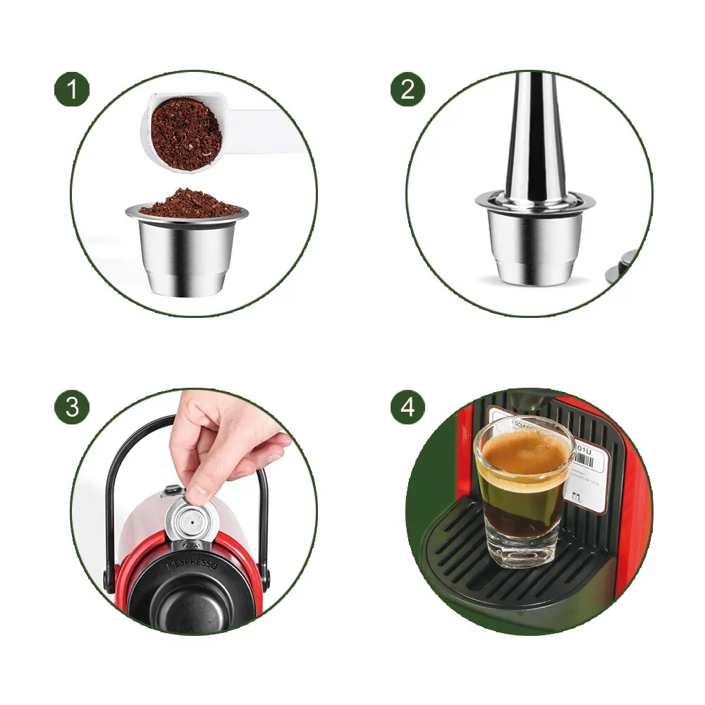 I Cafilas Reusable Stainless Steel Capsule for Nespresso Fit Essenza Mini Inissia Pixie Machine Espresso Refillable Coffee Pods W Rubbers