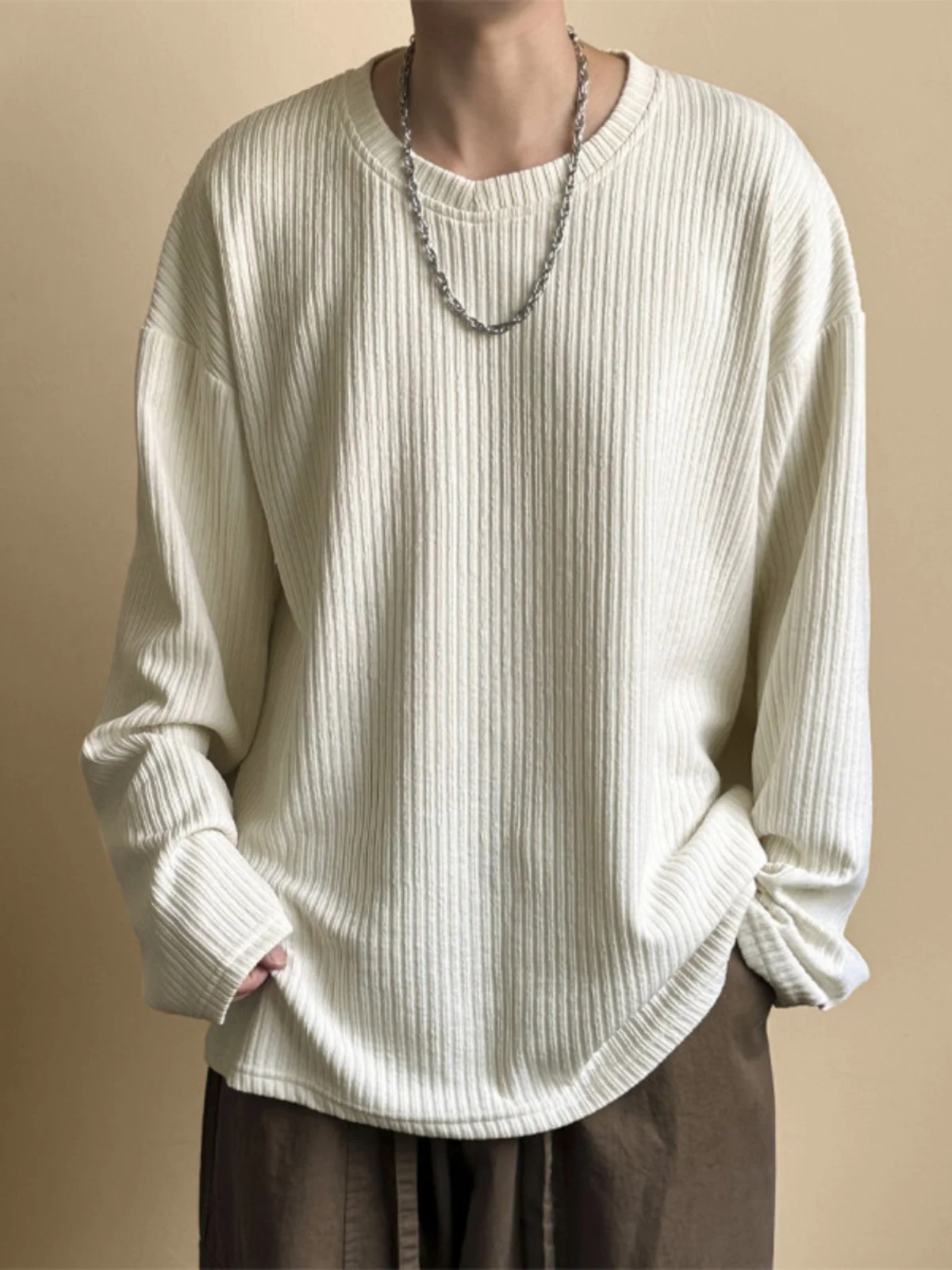 

Мужская футболка свободного кроя с длинным рукавом, осенне-весенняя, в американском стиле, модный бренд, с драпировкой, текстурой и полосками, базовый слой