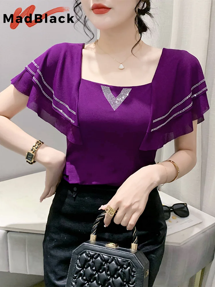 

MadBlack Summer European Clothes Tshirts Women Sexy Square Collar Ruffles Bright Beaded Slim Mesh Tops Short Sleeve Tees T35455M