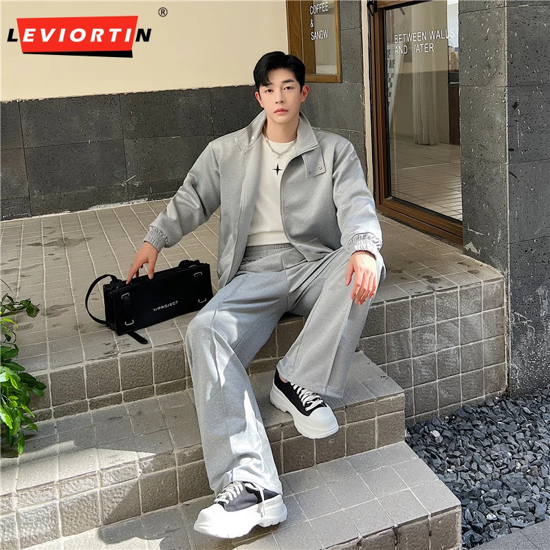 Fashion Men Streetwear Solid Loose Stand Neck Long Sleeve Double Head Zipper Coats Korean Stylish Casual Straight Suits Pants