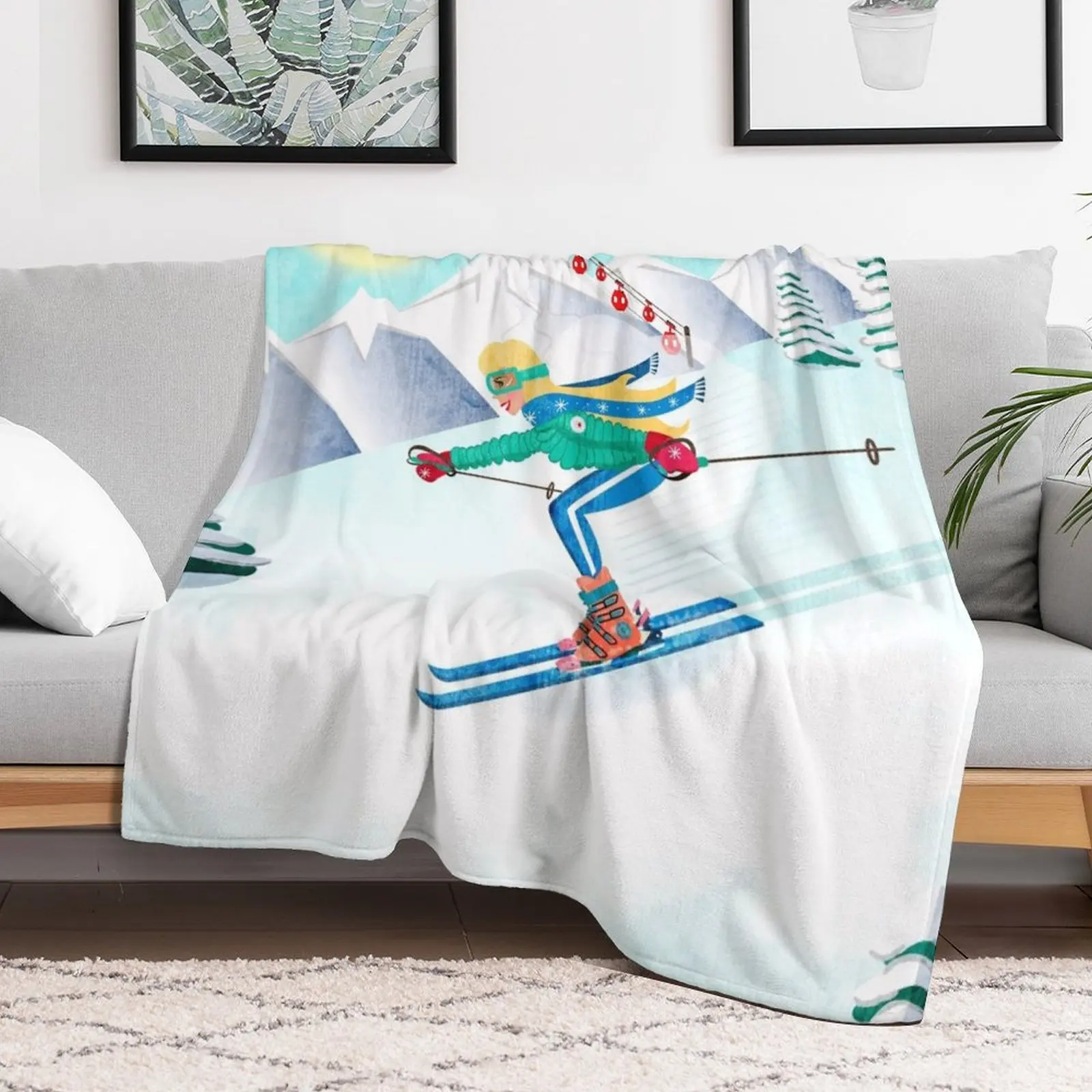 Skiing Girl Illustration Throw Blanket Thermals For Travel Bed covers Blankets