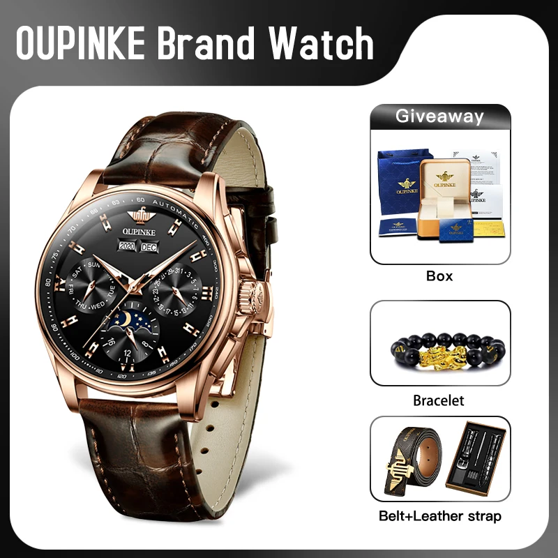 

OUPINKE 3189 Mens Watch Original Luxury Automatic Mechanical Watch Moon Phase Waterproof Luminous Mens Gifts Reloj Hombre