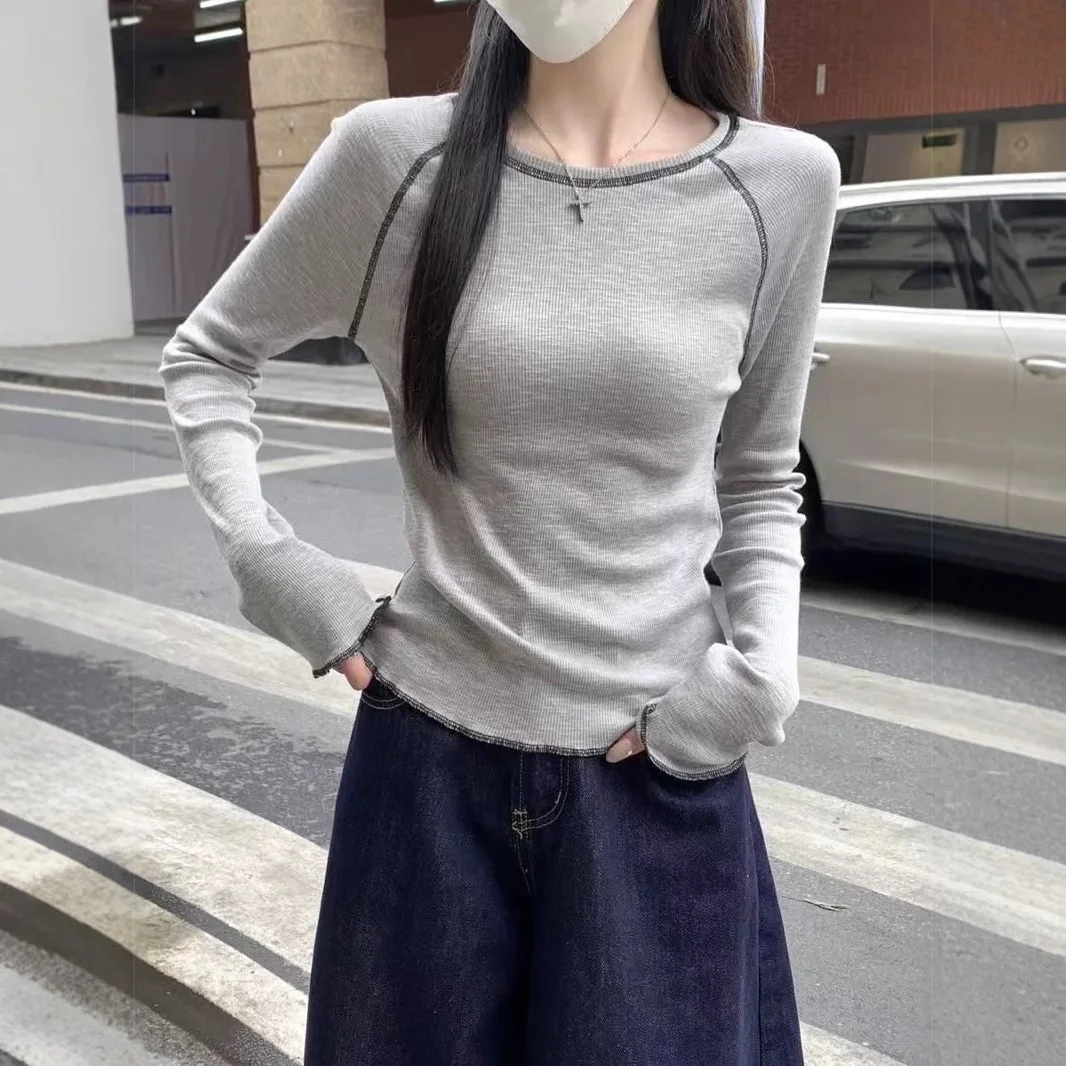 Women Base Layers 2026 Spring Autumn Crew Neck Long Sleeve T Shirt Women Exposed Stitch Raglan Sleeve Slim Fit Basic Top Ladies