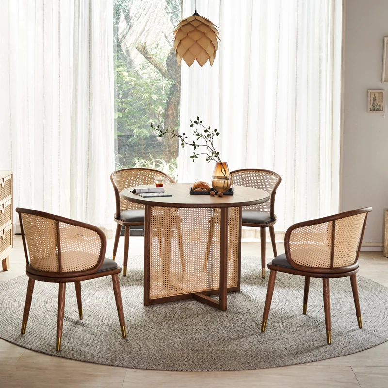 Solid wood dining table, small household dining table and chair combination, Nordic rattan woven round table