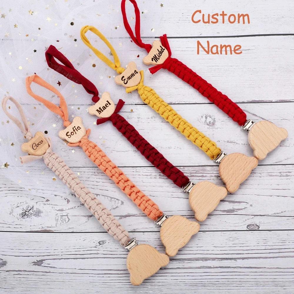 Custom Name Wooden Personalized Baby Pacifier Chain Braided Weave Dummy Nipple Holder Guard Teether Pendant Newborn Gift Stuff