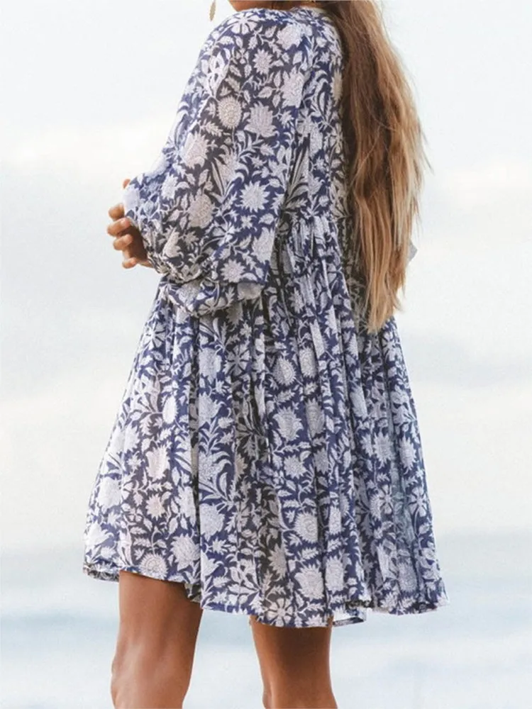 

V-neck Half-sleeved Loose Mid-length Dress 2026 Summer New Oversized Vacation Dress Large Size Casual Printed Dress Vestidos