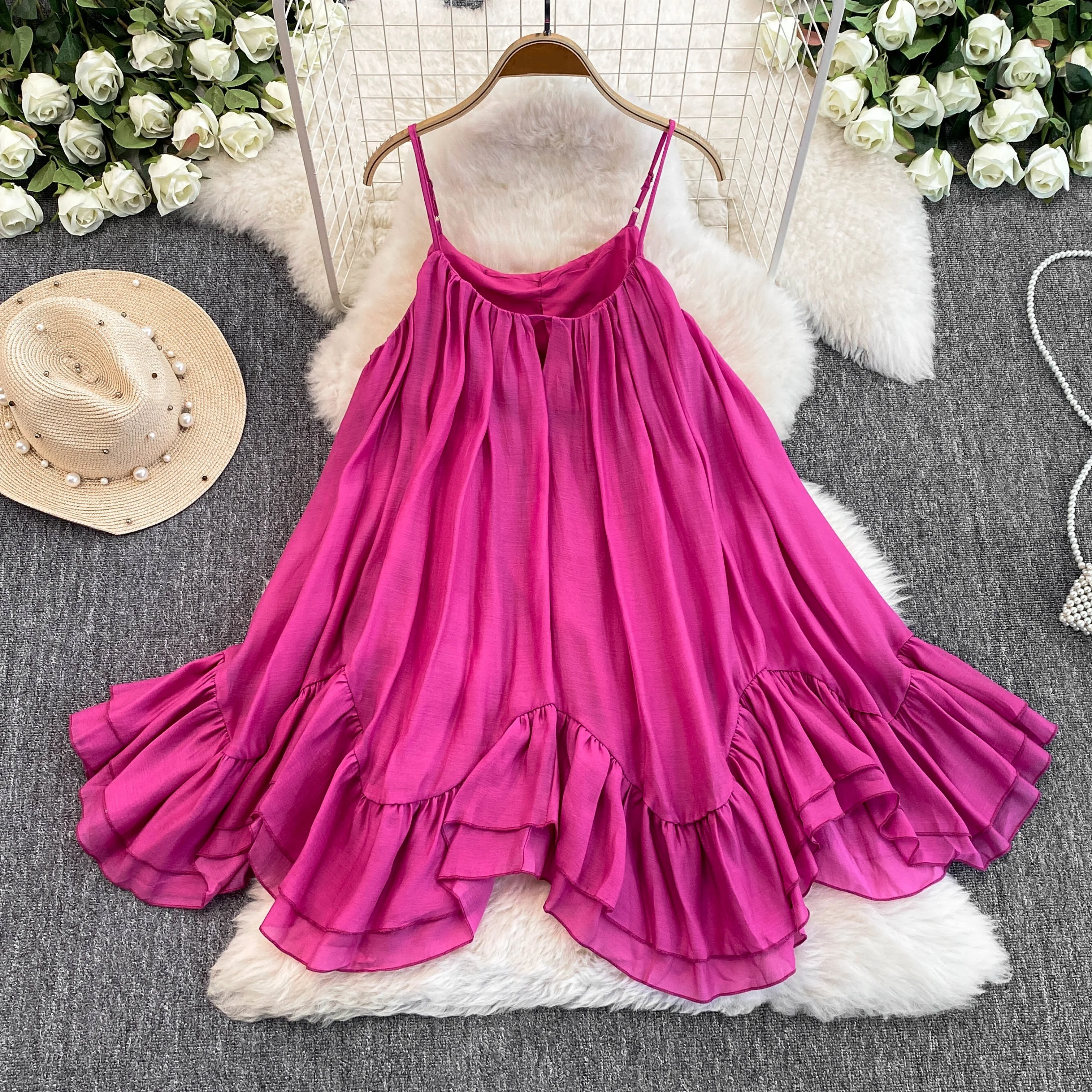 Clothland Women Sweet Pink Cami Dress Adjustable Straps Sleeveless Backless Beach Wear Female Asymmetrical Mini Dresses QE192